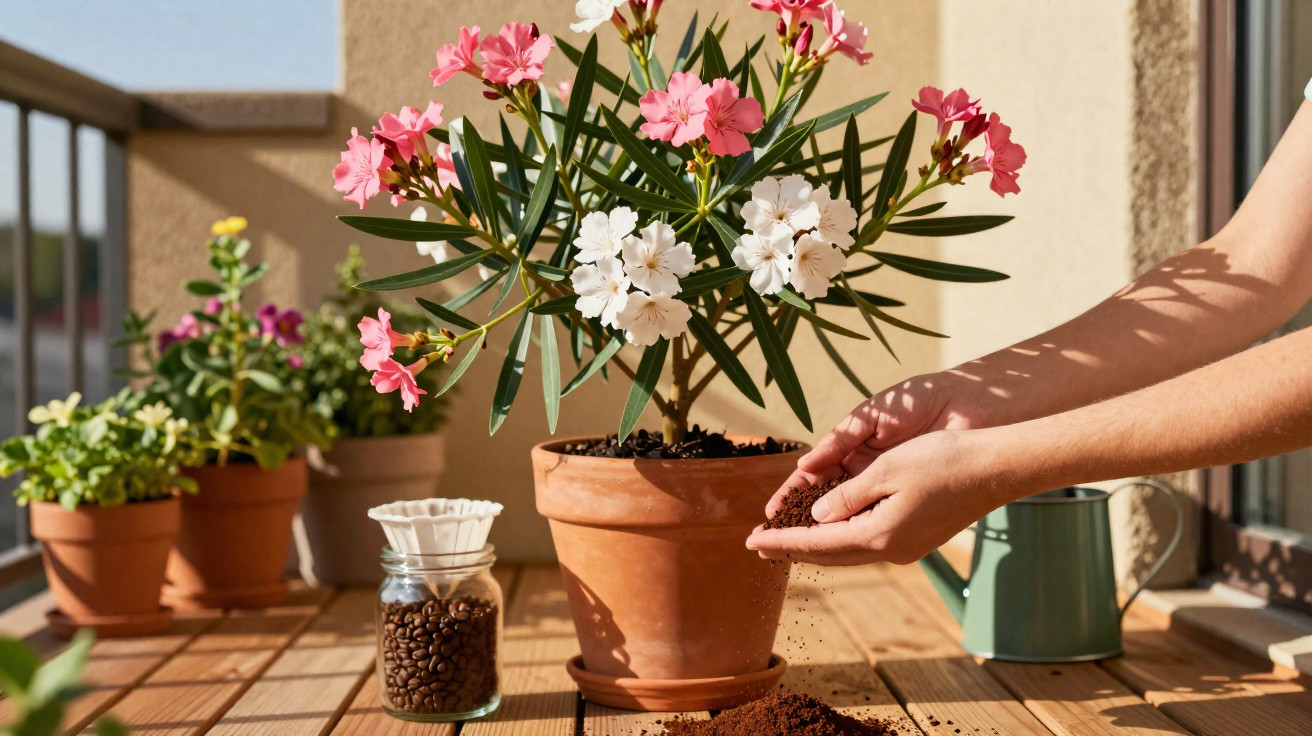 Mãos a deitar café moído junto a vaso com flores rosas e brancas numa varanda ensolarada.