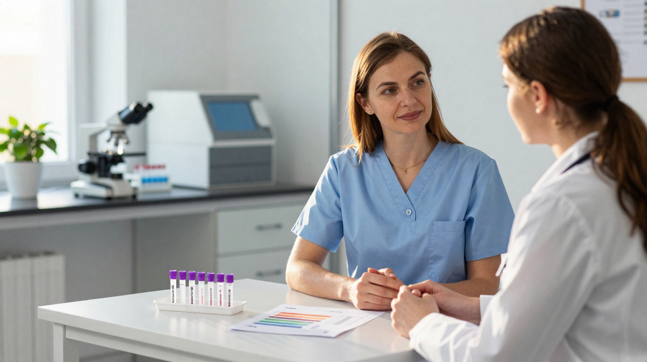 Duas médicas a discutir resultados de exames laboratoriais num consultório clínico iluminado.