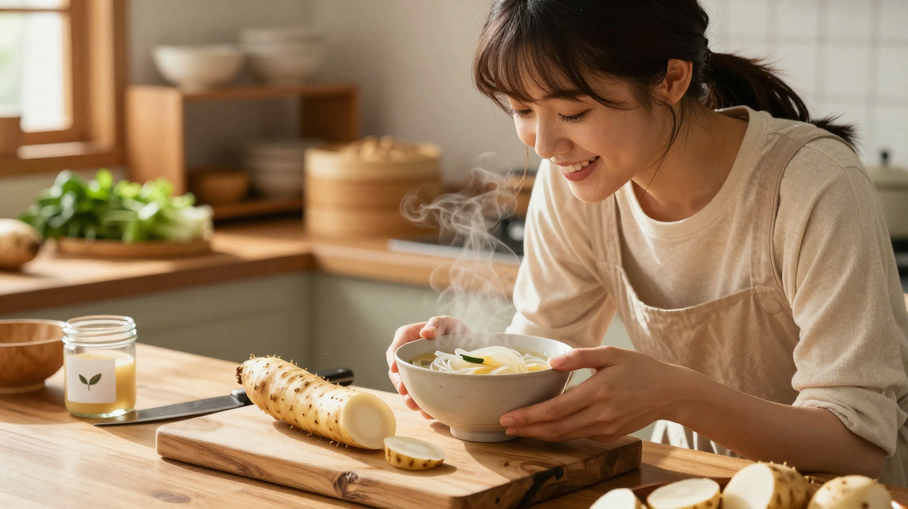 Mulher sorridente a cheirar uma tigela de sopa quente numa cozinha com legumes e raiz sobre a mesa.