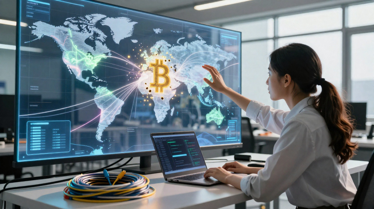 Mulher a interagir com mapa digital mundial e símbolo Bitcoin numa grande ecrã transparente.