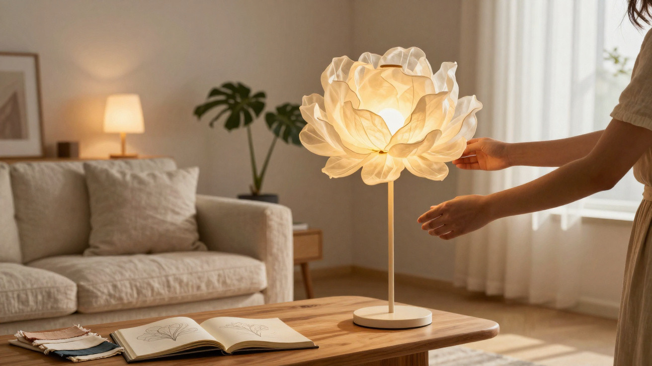 Pessoa ajusta candeeiro de design floral numa sala de estar com sofá, planta e livro aberto numa mesa de madeira.