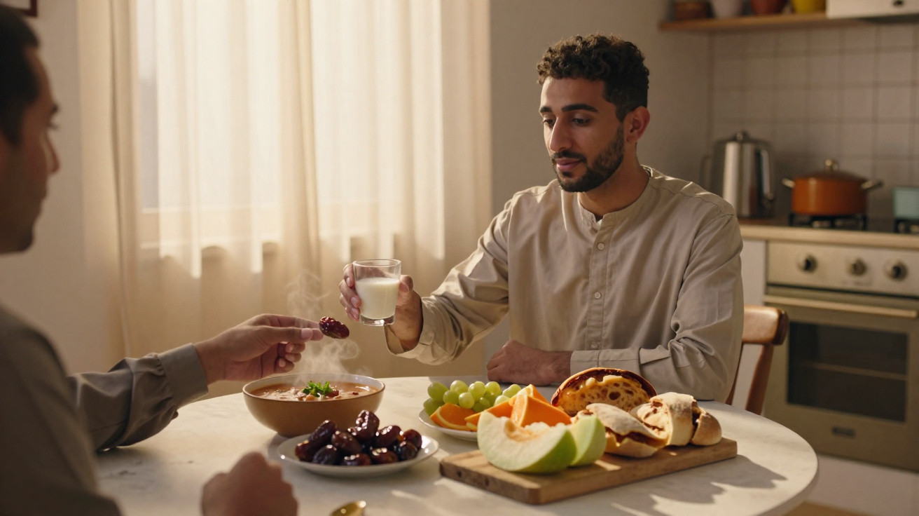 Duas pessoas sentadas à mesa numa cozinha, partilhando refeição com frutas, pão e leite.