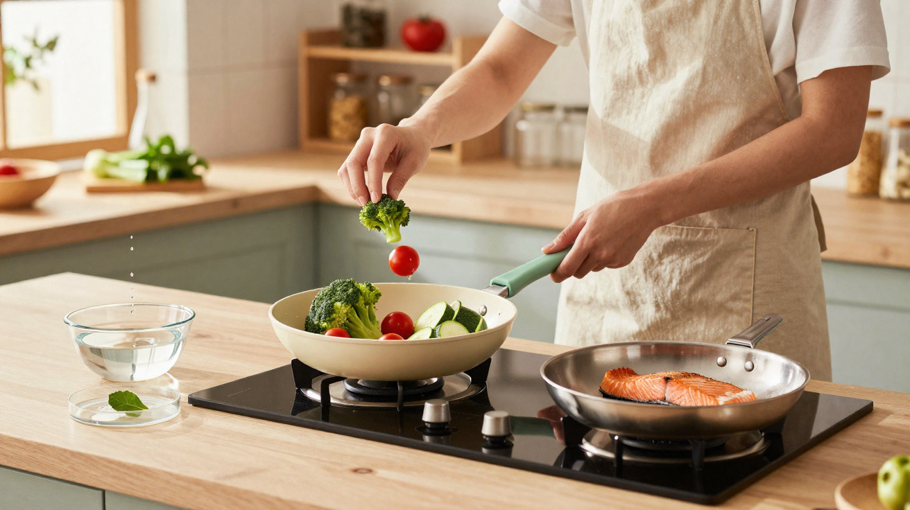 Pessoa a cozinhar legumes numa frigideira enquanto salmão cozinha noutra na placa de fogão moderna.