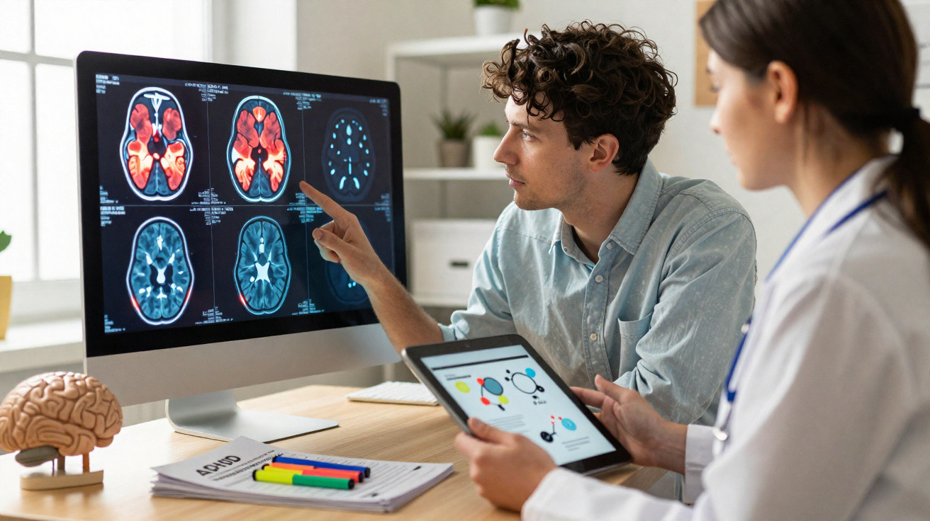 Homem aponta para imagens de ressonância magnética cerebral no ecrã enquanto médica observa com tablet na mão.