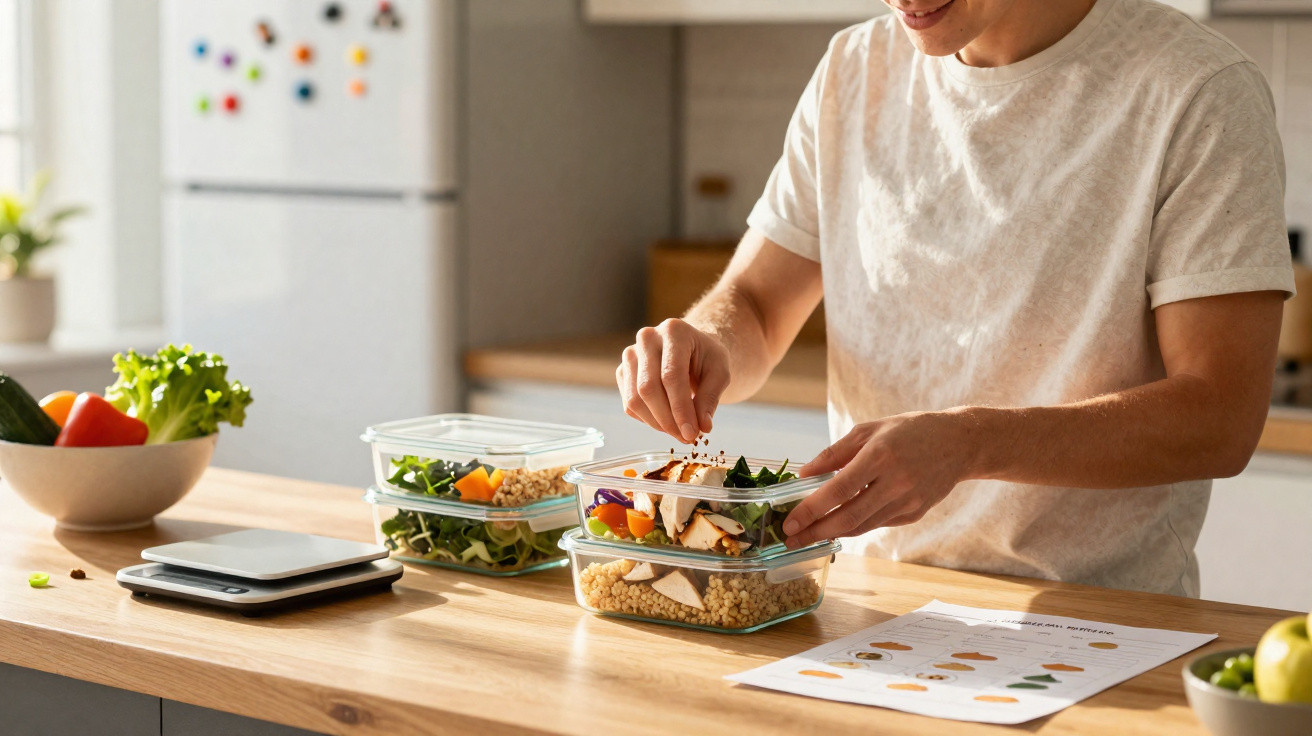 Pessoa a preparar saladas em recipientes de vidro numa cozinha luminosa.