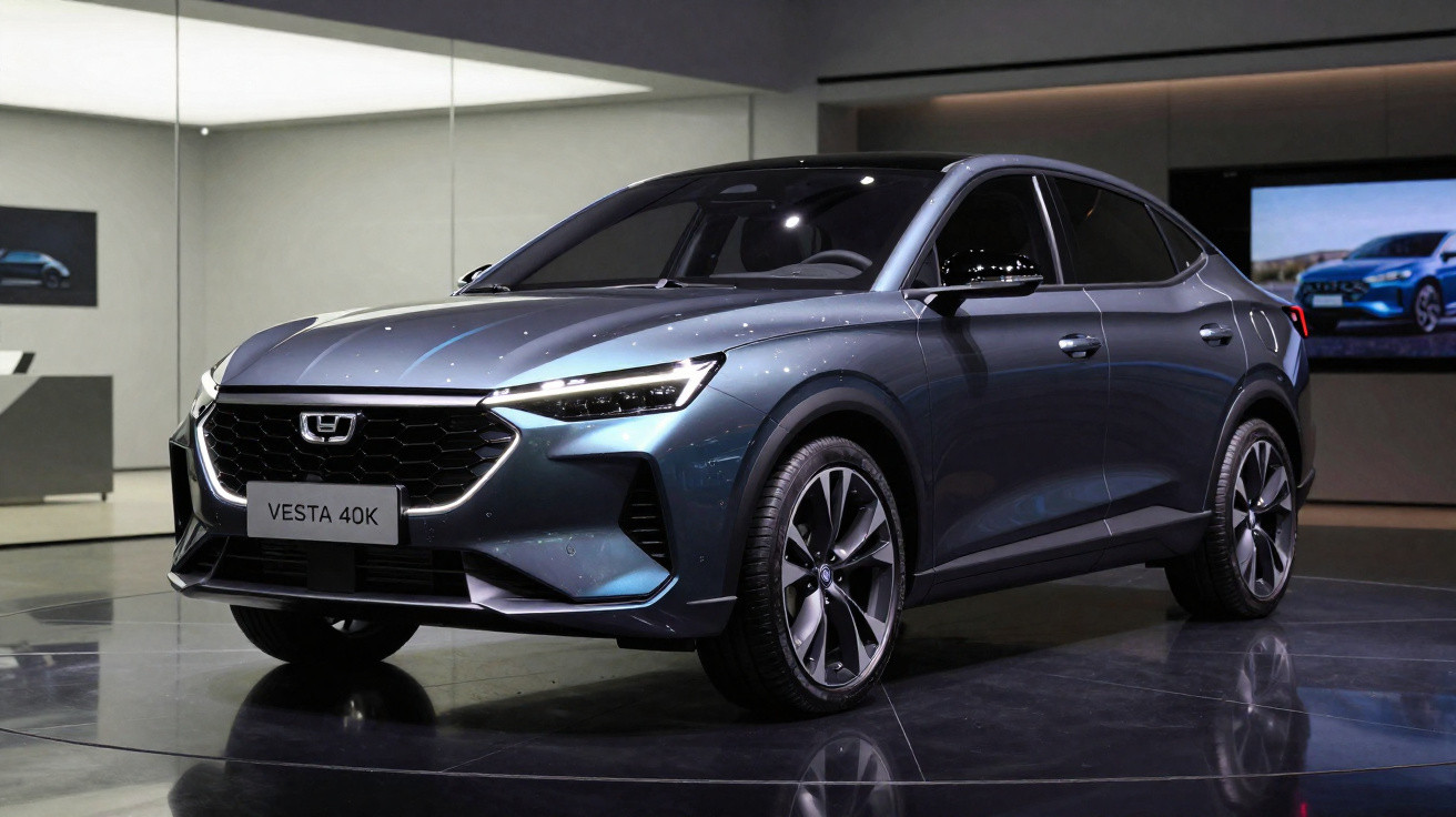 Carro elétrico Geely Vesta 40K cinza escuro em exposição numa plataforma rotativa interior.