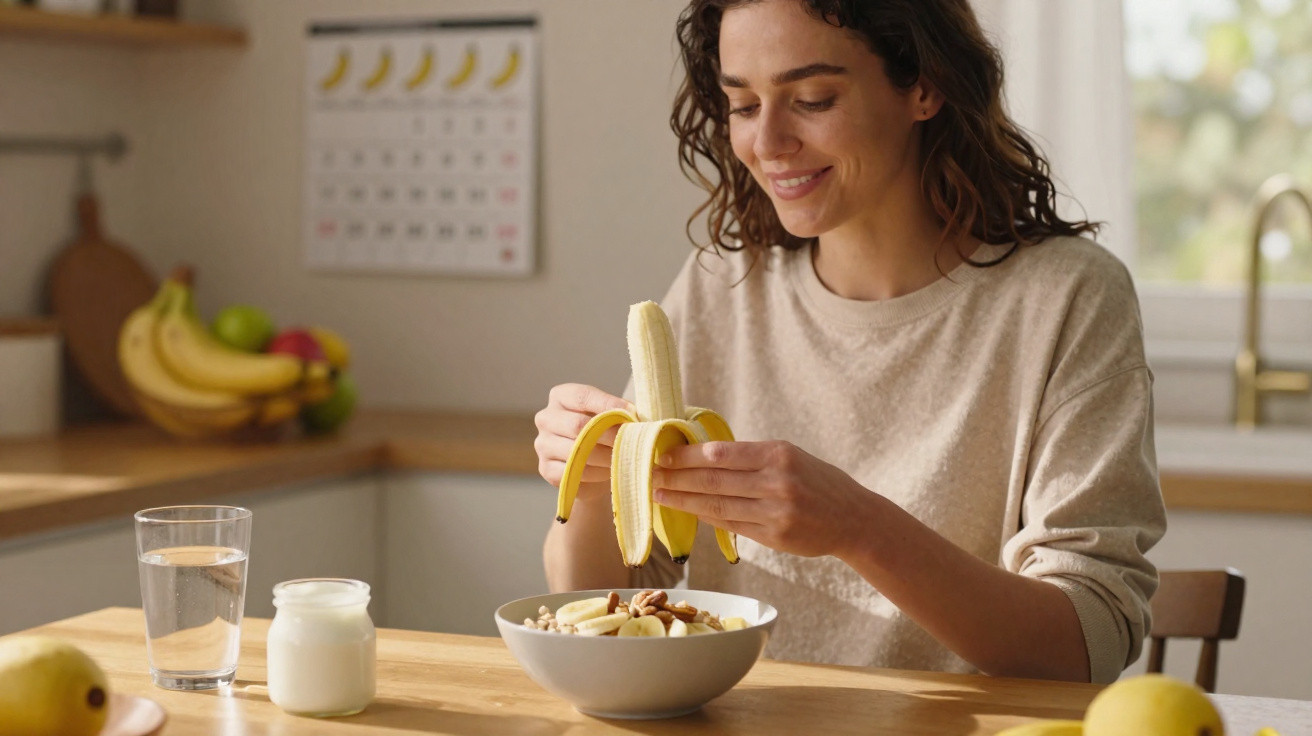 Mulher sorridente a descascar uma banana para adicionar a uma taça de pequeno-almoço numa cozinha luminosa.