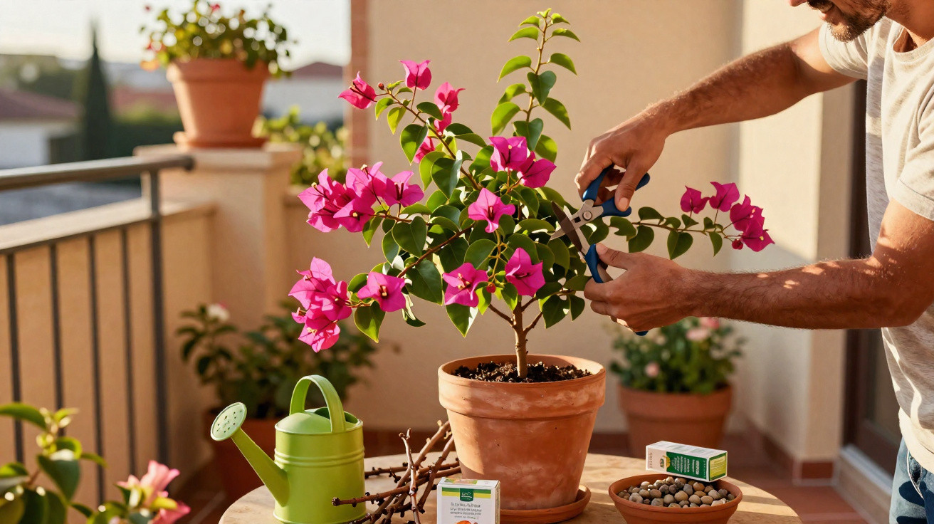 Pessoa a podar planta com flores cor-de-rosa num vaso de terracota numa varanda ensolarada.