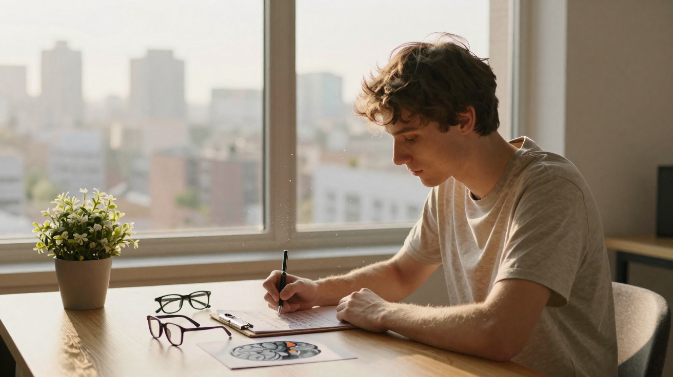 Jovem a desenhar numa folha em mesa junto à janela com vista para edifícios ao fundo na luz do dia.