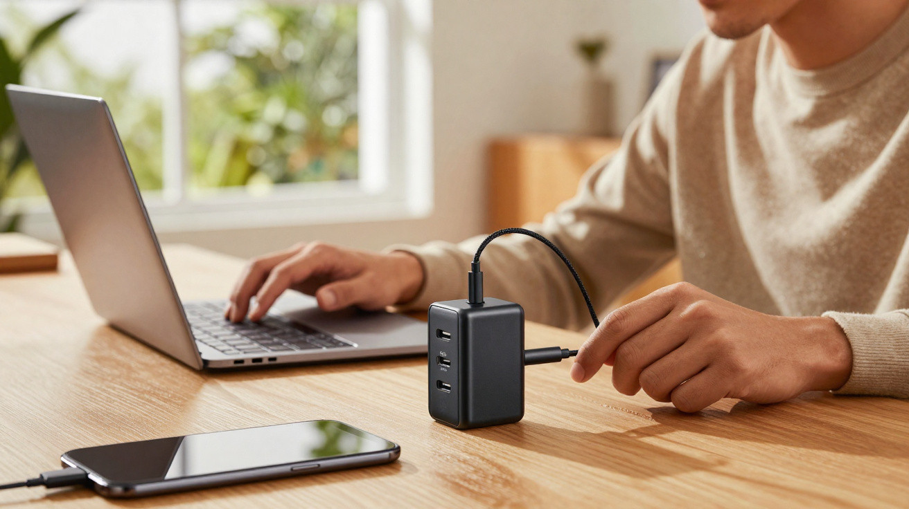 Pessoa a usar carregador portátil USB enquanto trabalha num portátil, com telemóvel numa mesa de madeira.