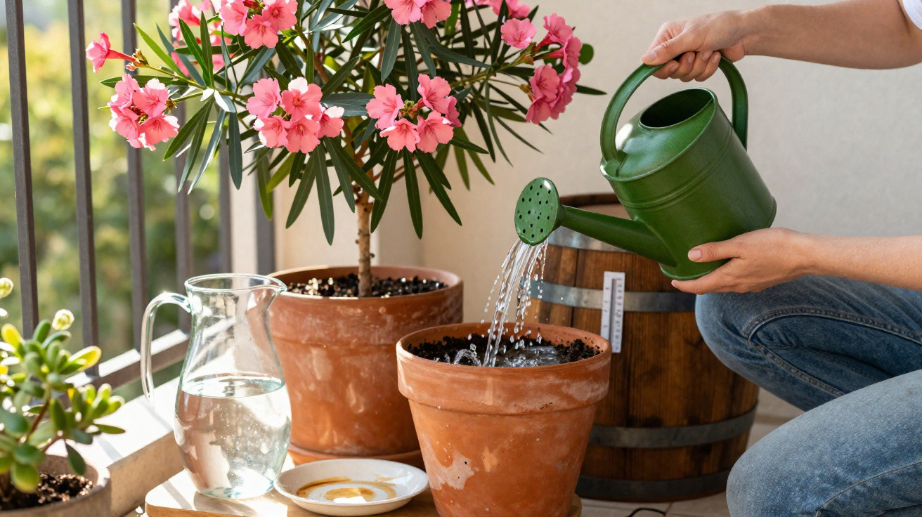 Pessoa a regar vaso de barro vazio com regador verde, rodeada de plantas num terraço.
