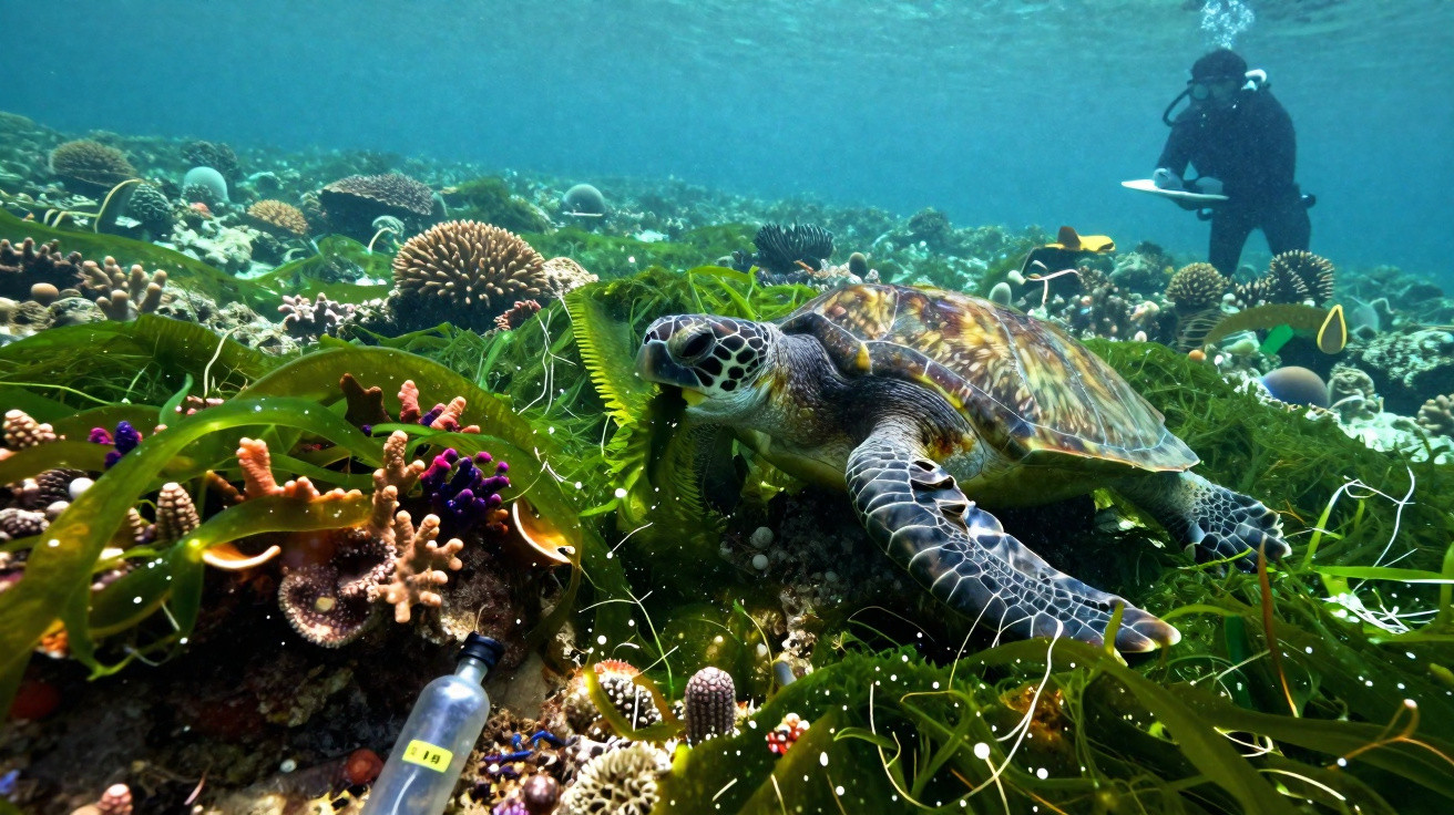Tartaruga marinha a nadar perto do fundo do mar com coral e um mergulhador a observar e anotar dados.
