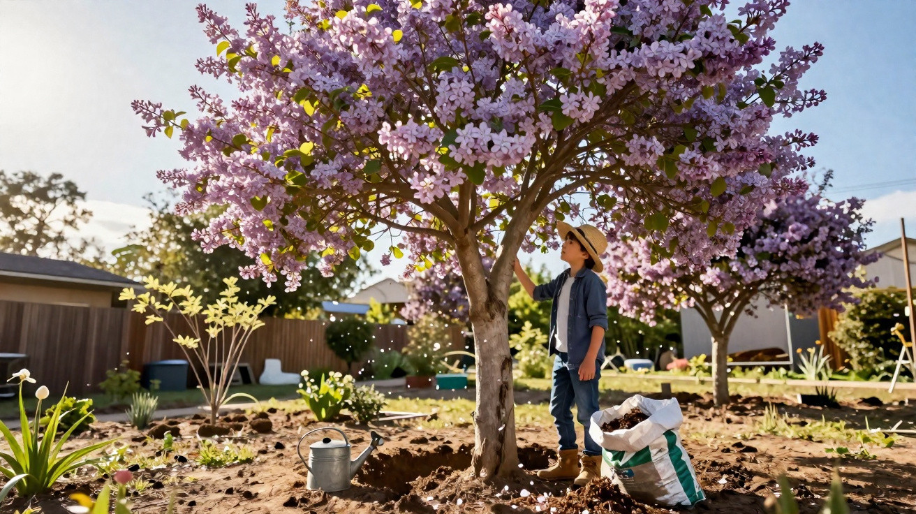 Criança com chapéu a tocar em árvore florida num jardim com regador e saco de terra ao lado.