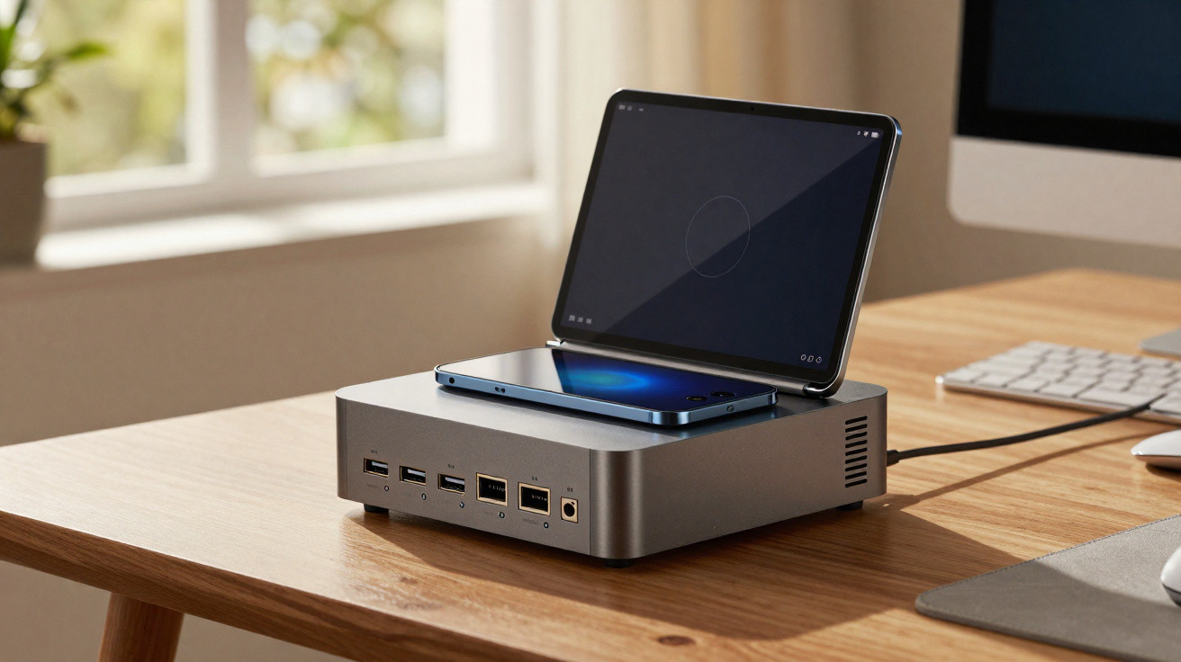 Computador compacto com várias portas, telemóvel e tablet dobrável numa mesa de madeira junto a uma janela.
