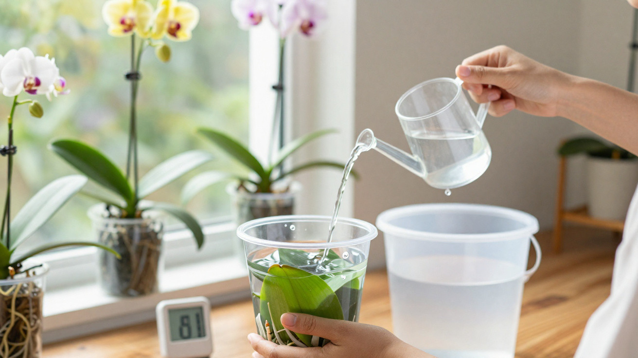 Pessoa a regar orquídea num vaso transparente junto a janela com outras orquídeas no fundo.