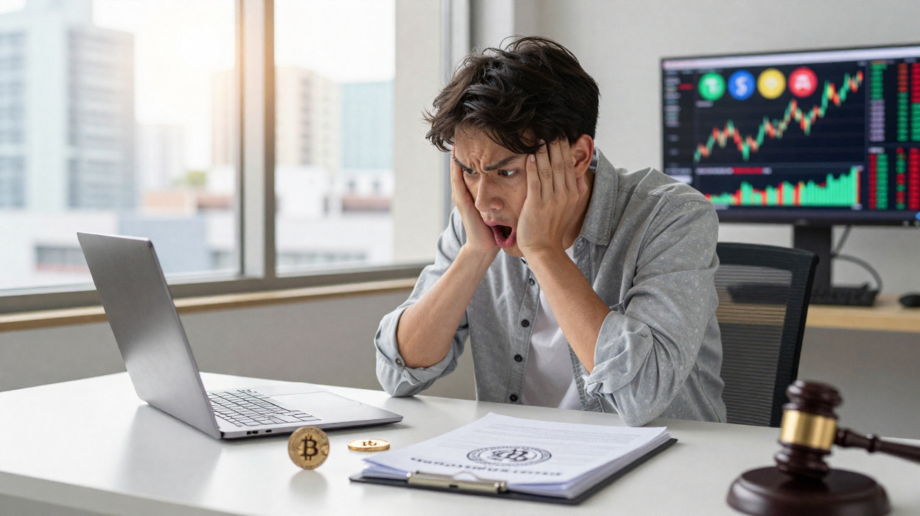 Homem surpreendido olhando para computador com gráfico financeiro e moedas de Bitcoin na secretária.