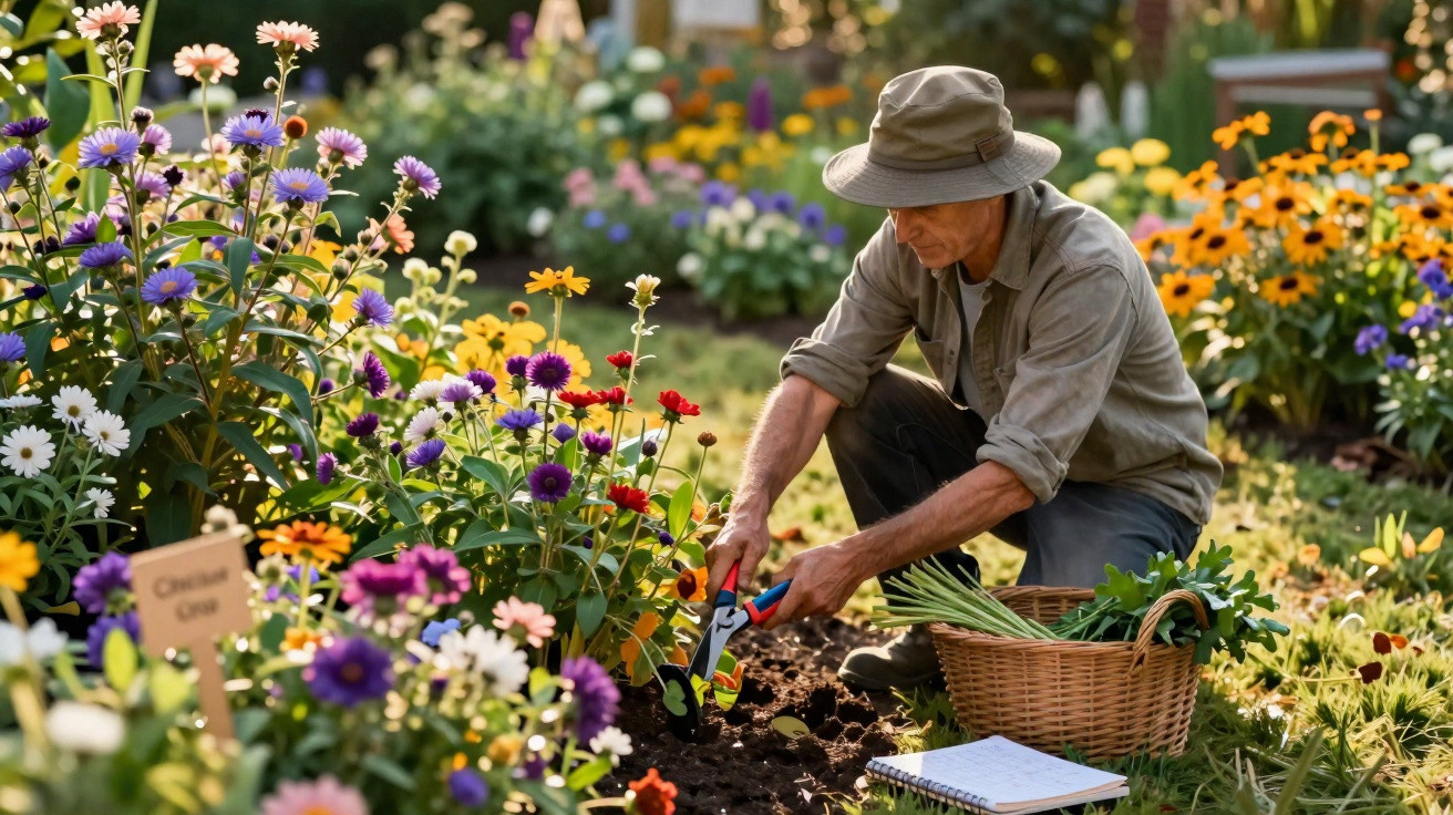 Homem a cuidar do jardim, rodeado de flores coloridas, com tesoura de poda e cesto de colheita.