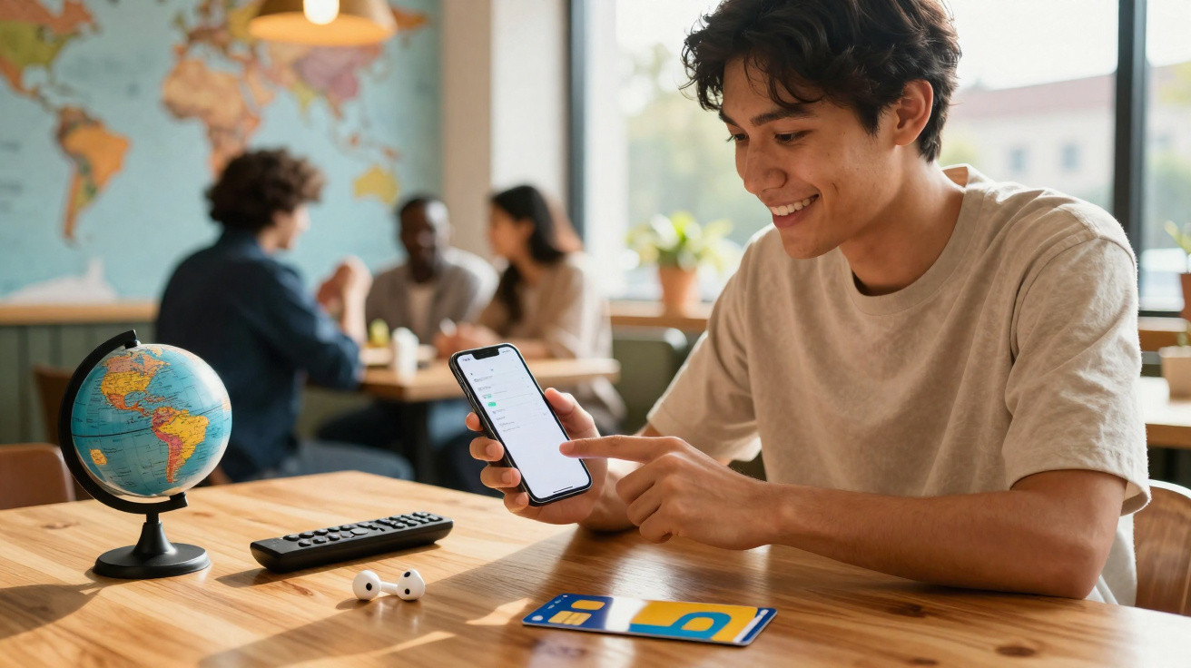 Jovem sentado à mesa usa telemóvel sorrindo, com globo terrestre, comando e auriculares na mesa.