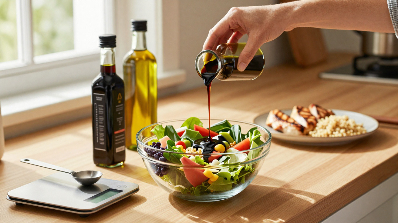 Pessoa a deitar vinagre balsâmico numa salada colorida numa cozinha iluminada a luz natural.
