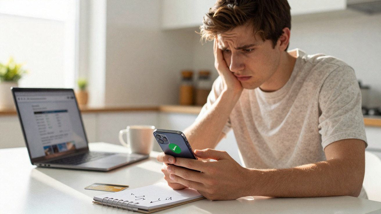 Homem preocupado com finanças consulta telemóvel com computador portátil e caderno na mesa.