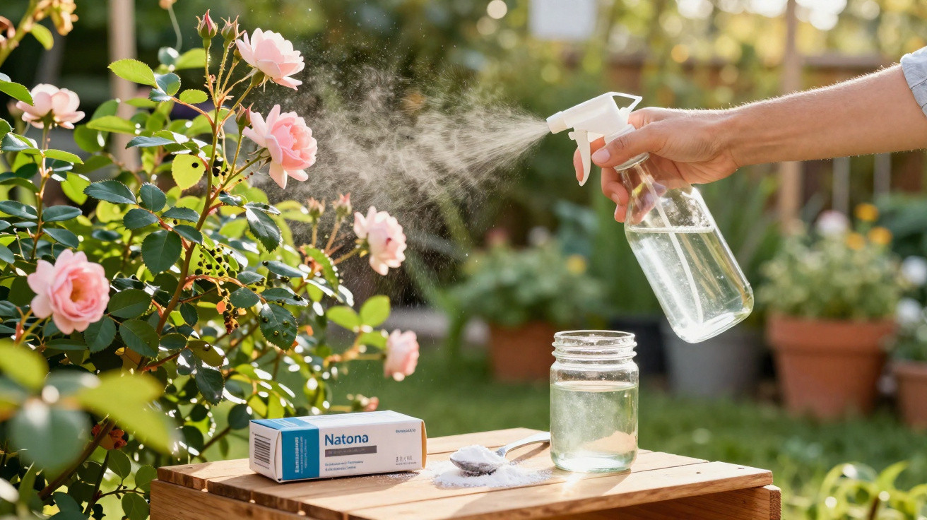 Pessoa a pulverizar uma planta de rosas cor-de-rosa com mistura caseira em frasco de spray no jardim.