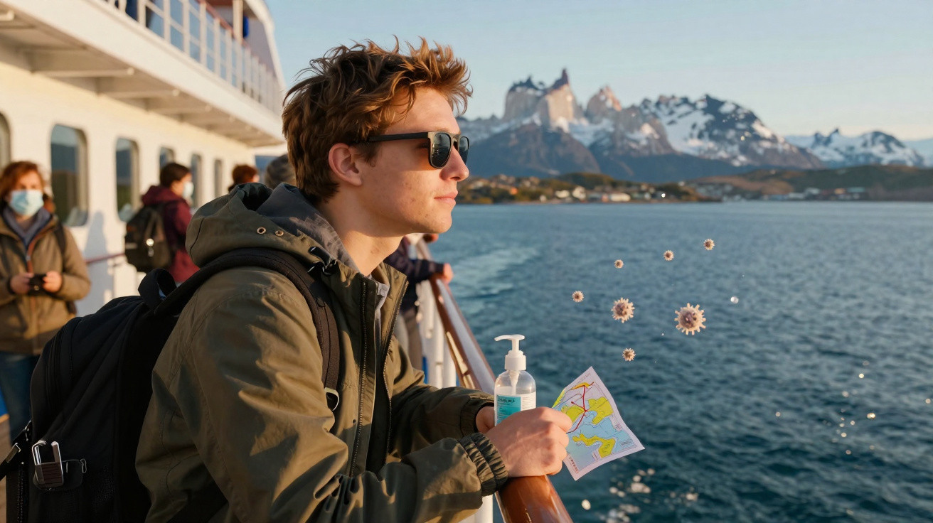 Jovem de óculos escuros com mochila usando desinfetante e mapa num navio com montanhas ao fundo.