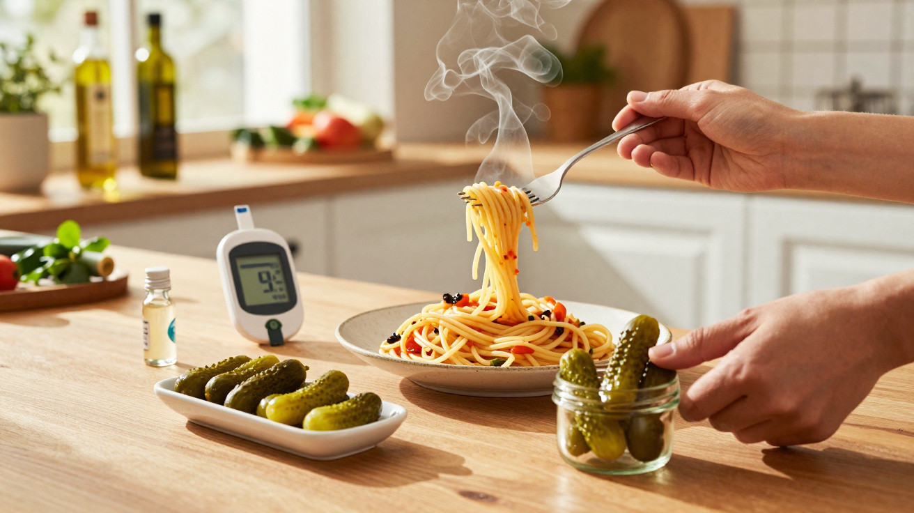 Pessoa a comer esparguete fumegante numa cozinha, com picles e medidor de glicose na mesa.