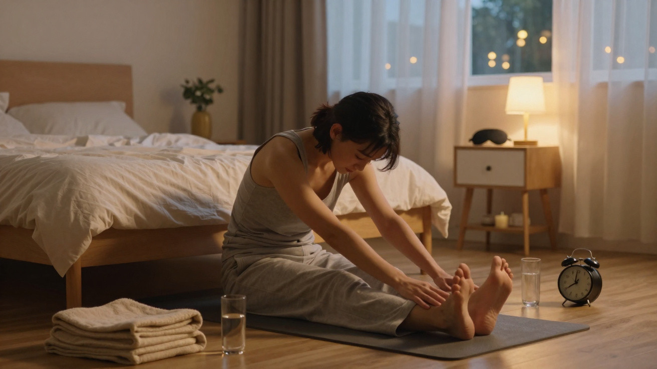Pessoa a fazer alongamentos sentada no chão do quarto ao amanhecer, junto à cama e a um despertador.