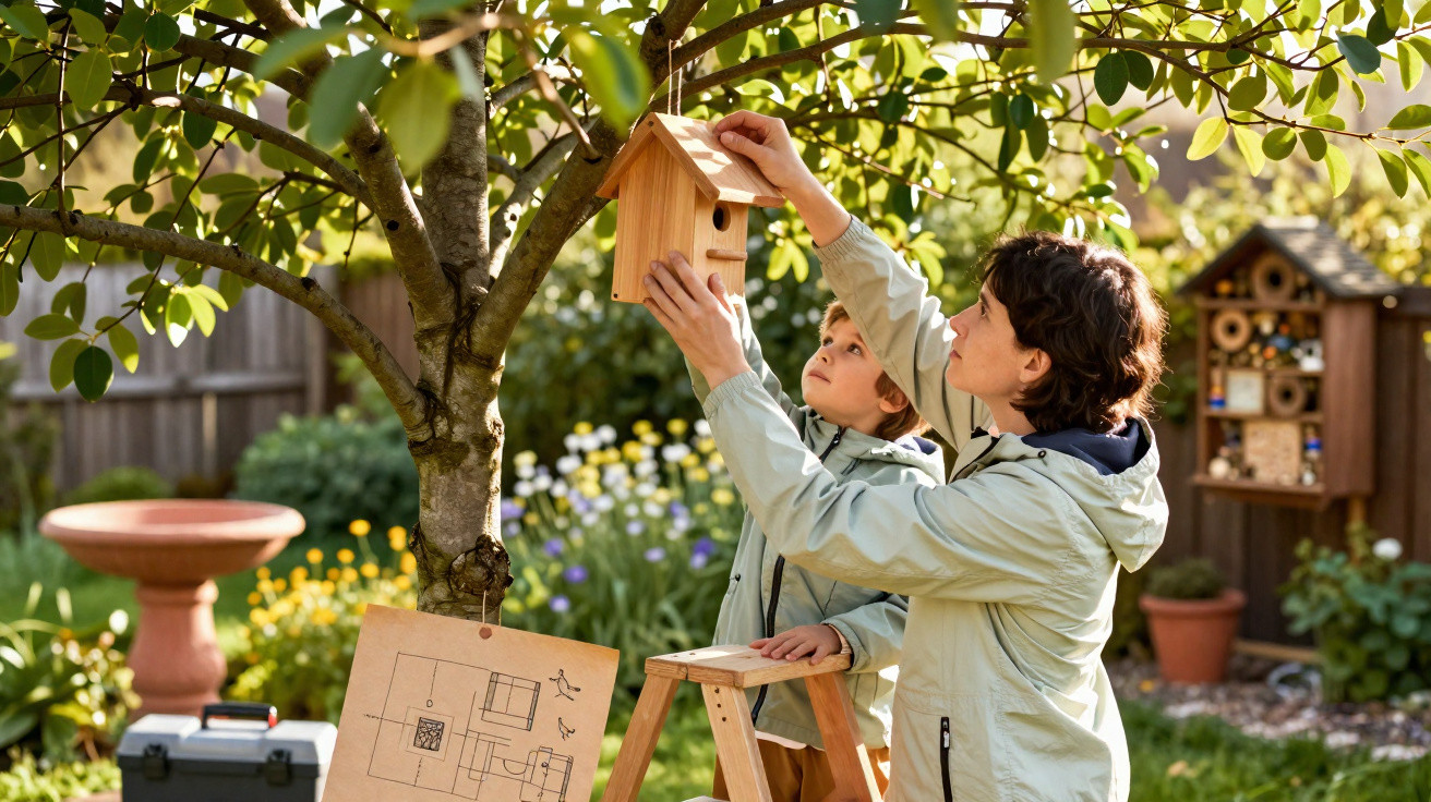 Adulto e criança penduram uma casinha de pássaros numa árvore num jardim florido.