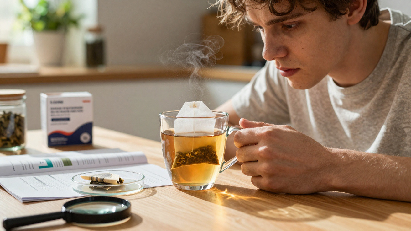 Homem a cheirar chá quente numa chávena transparente numa mesa de madeira com livro aberto e lupa.