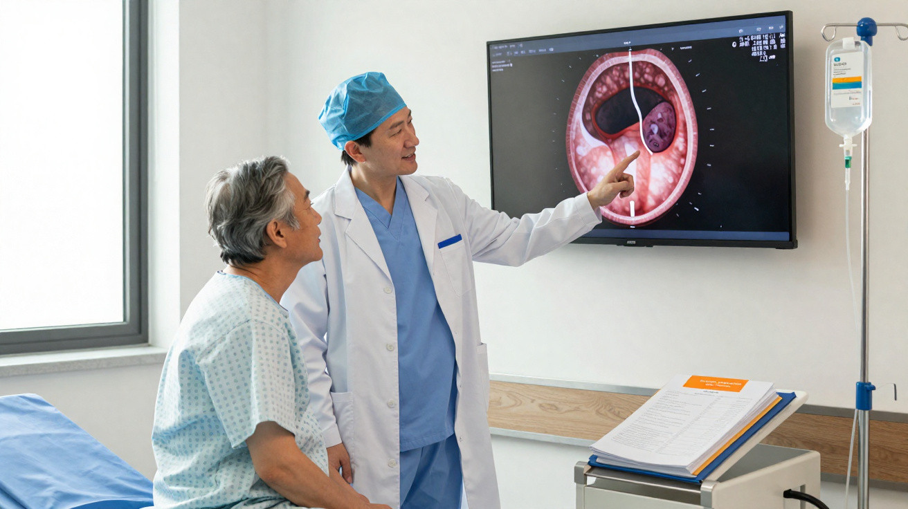 Médico explica exame de imagem para paciente idoso numa consulta num hospital moderno.