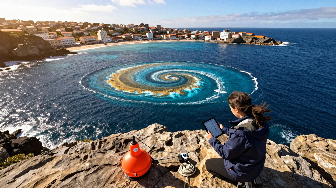 Pessoa com tablet observa espiral colorida no mar perto da costa rochosa de uma vila costeira.