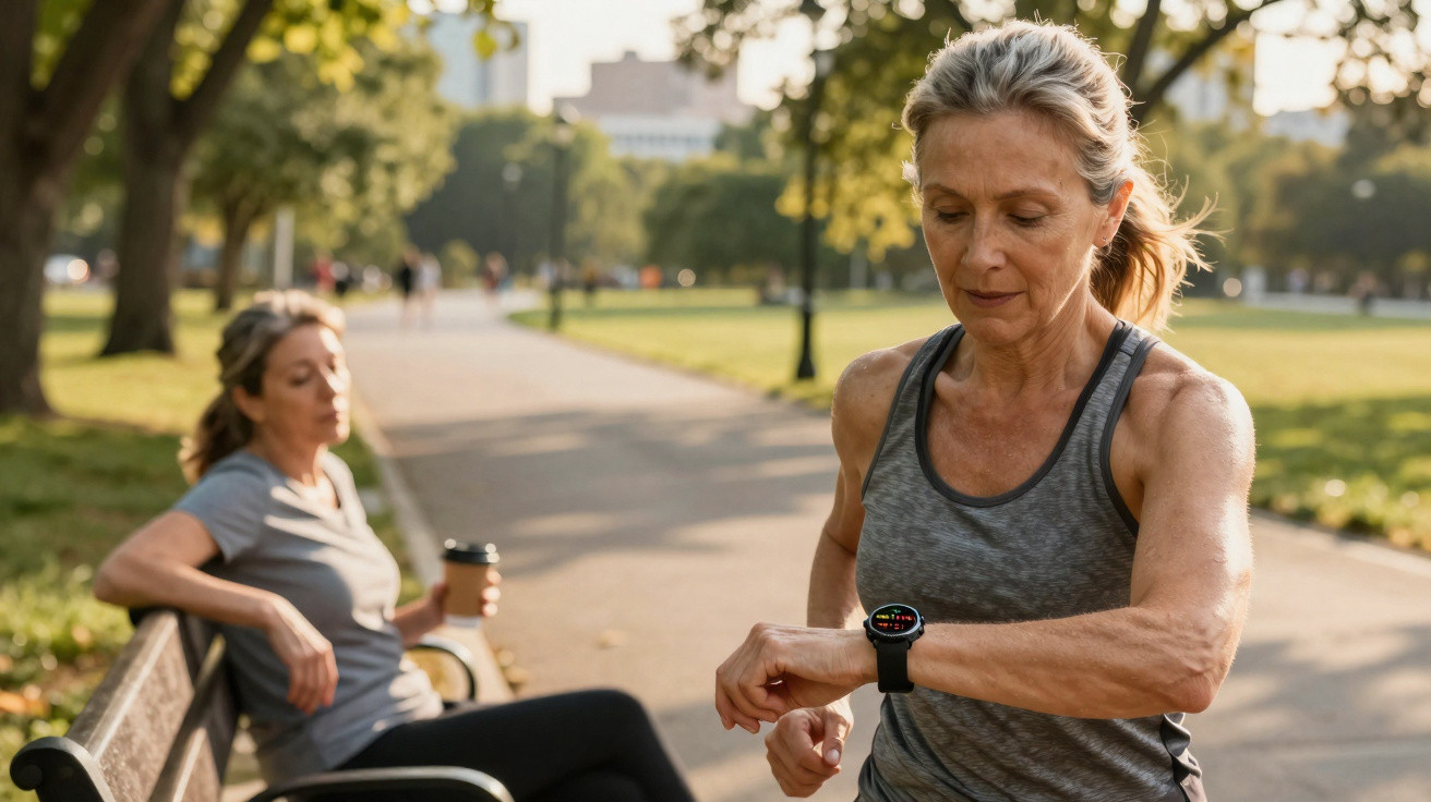 Mulher ativa a checar smartwatch durante exercício ao ar livre, com outra mulher a descansar num banco no parque.