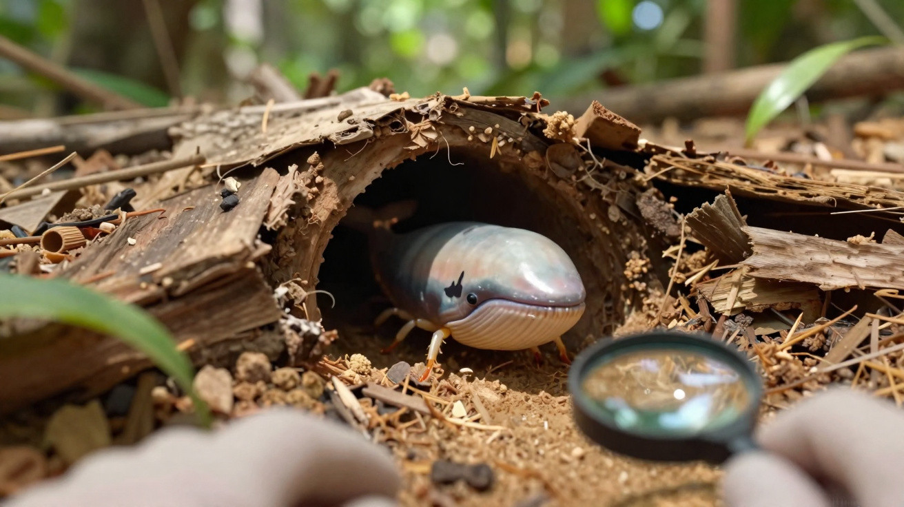 Cobra-cega a sair de uma toca em terra, observada através de uma lupa por mãos humanas.