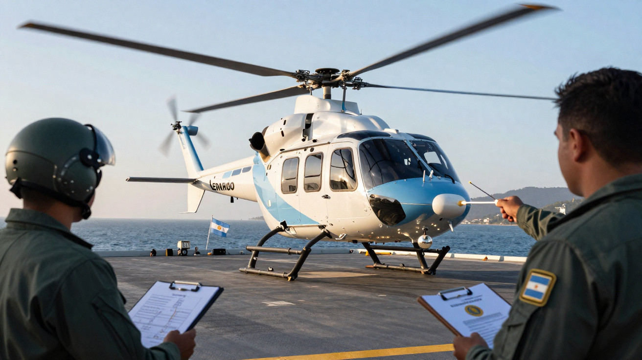 Dois militares supervisionam o pouso de um helicóptero branco e azul numa plataforma marítima ao pôr do sol.