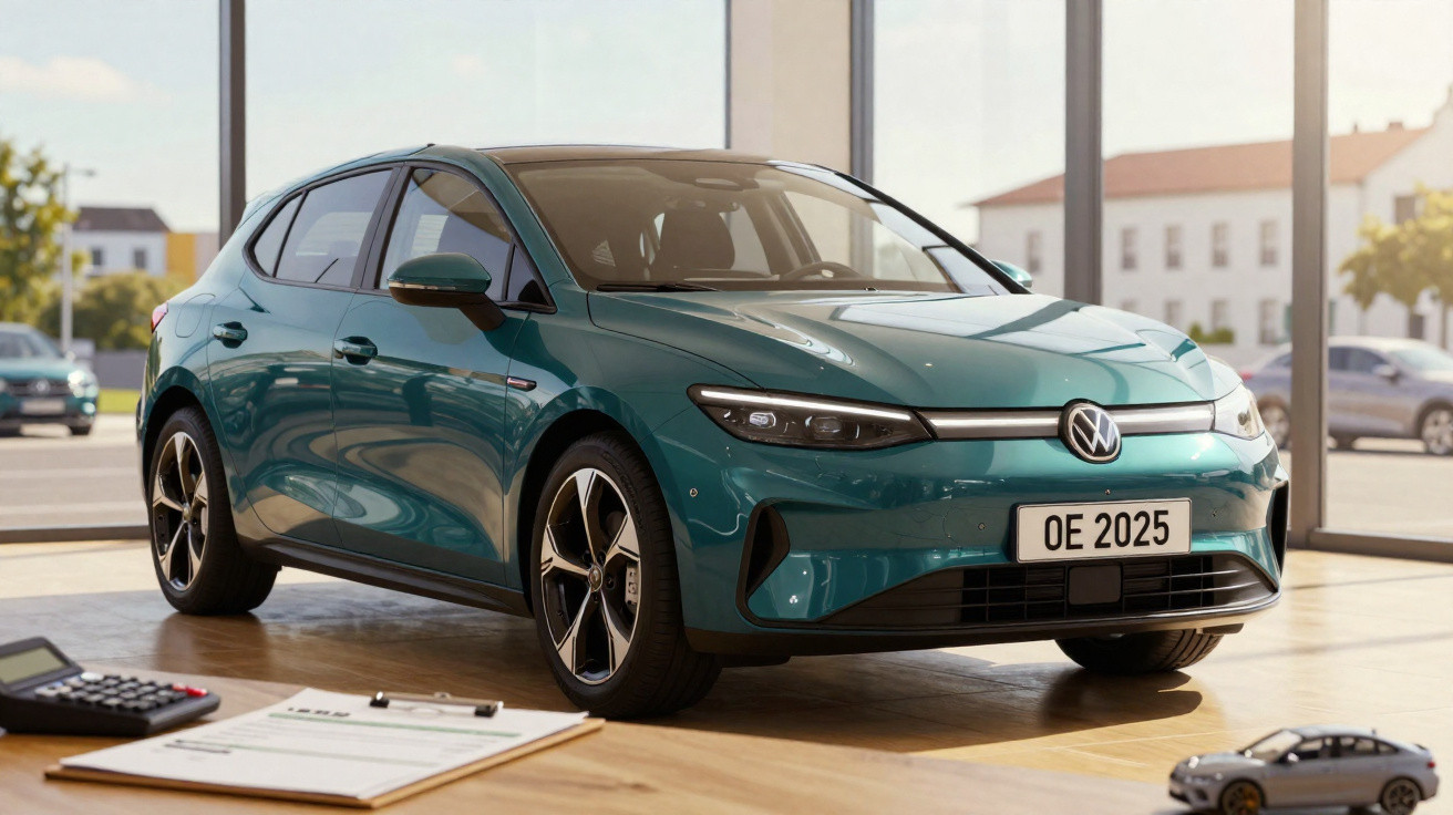 VW ID.3 verde em exposição numa sala com grandes janelas, visto de frente e ligeiramente ao lado direito.