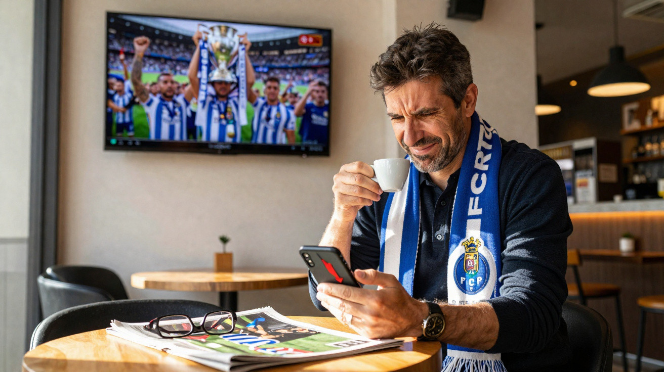 Homem com cachecol do FC Porto a beber café e a olhar para o telemóvel num café, com jogo na TV ao fundo.