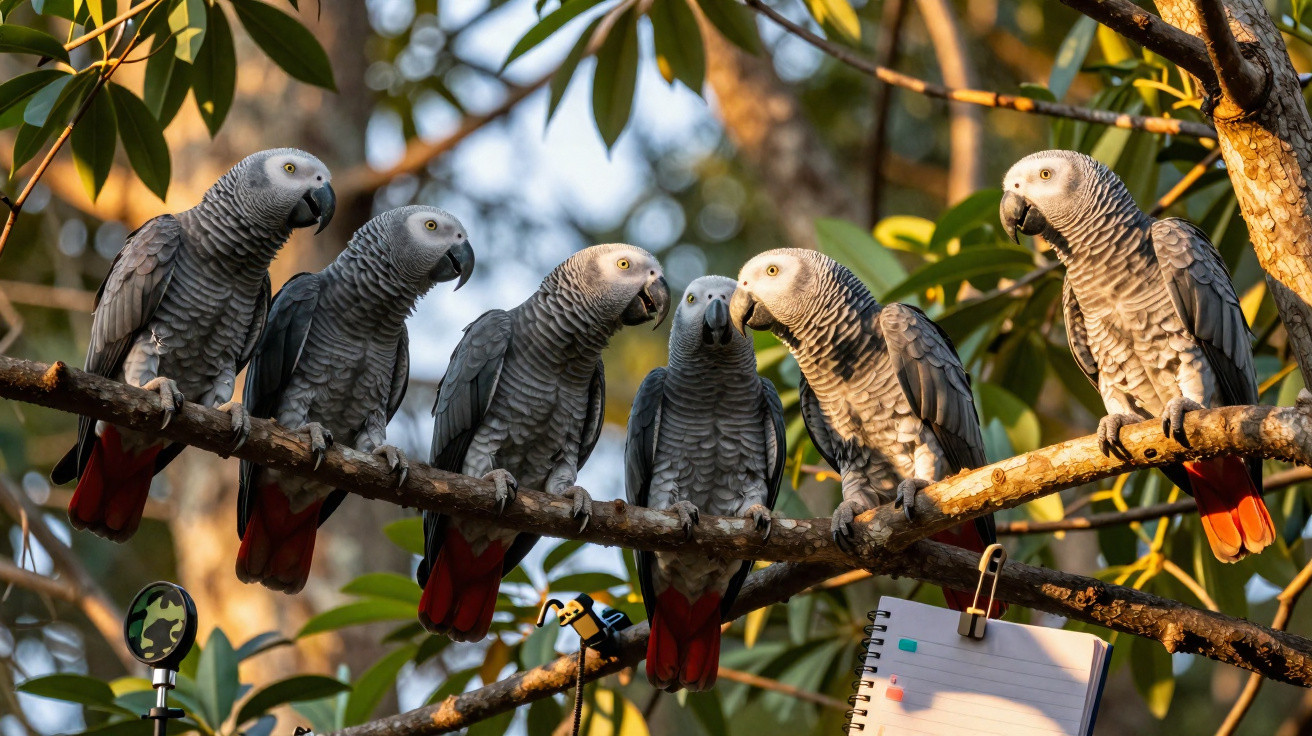 Seis papagaios-cinzentos africanos empoleirados num ramo com folhas ao fundo e uma prancheta pendurada.