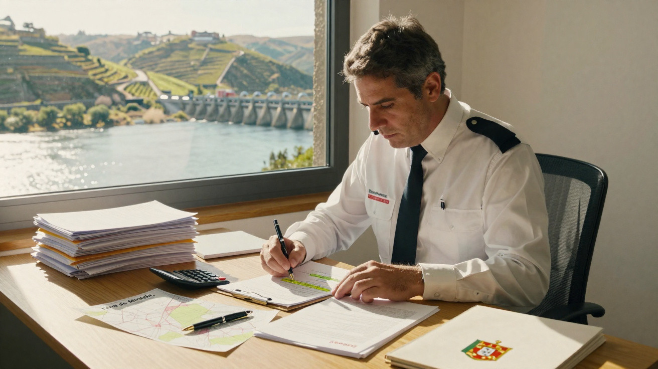 Homem de uniforme formal trabalha com documentos numa secretária perto de uma janela com vista para uma barragem e vinhas.