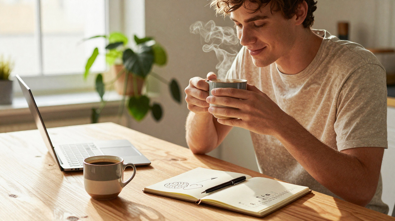 Jovem sentado à mesa a cheirar uma chávena quente de café com portátil e diário à sua frente.