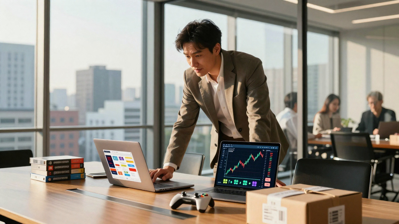 Homem de negócios asiático a analisar dados financeiros em dois portáteis numa sala de reuniões moderna.