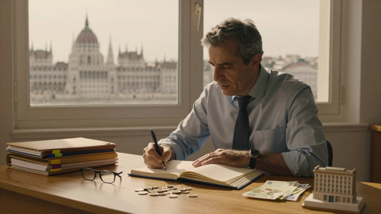 Homem a escrever num caderno numa secretária com moedas, notas e pastas, com vista para edifício emblemático.