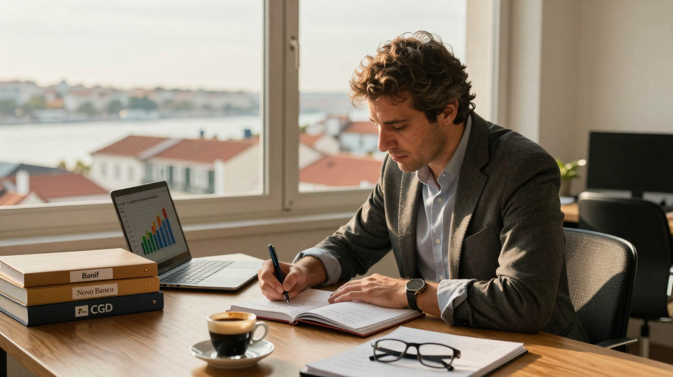 Homem de negócios a escrever numa agenda, com laptop e café numa mesa junto à janela iluminada.