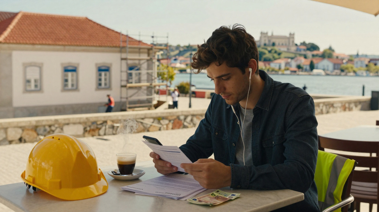 Homem jovem a ler documentos com capacete de construção e café numa mesa ao ar livre perto da água.
