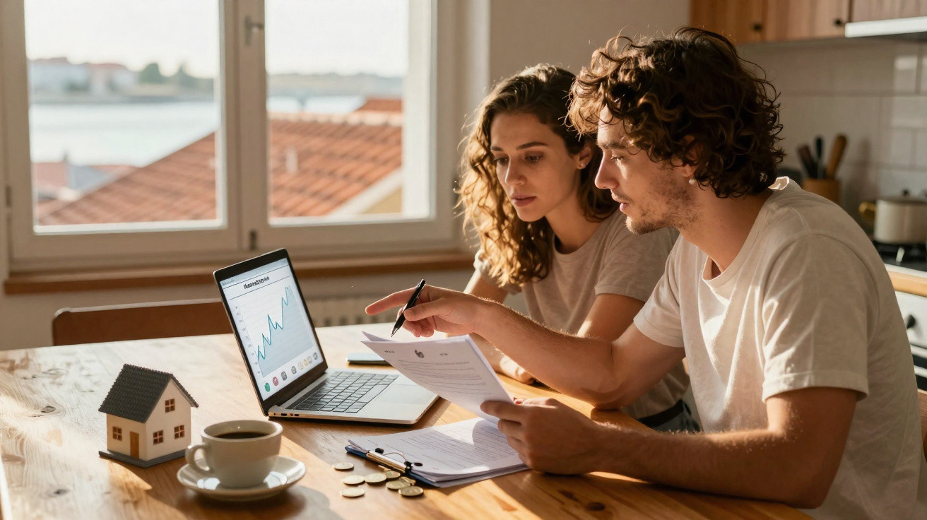 Casal jovem analisa documentos e gráficos financeiros num portátil numa mesa de madeira com moedas e casa em miniatura.