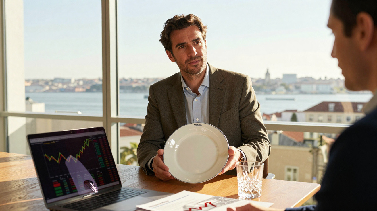 Homem de fato apresenta prato vazio numa reunião, com laptop e gráficos à frente, vista de cidade e rio ao fundo.