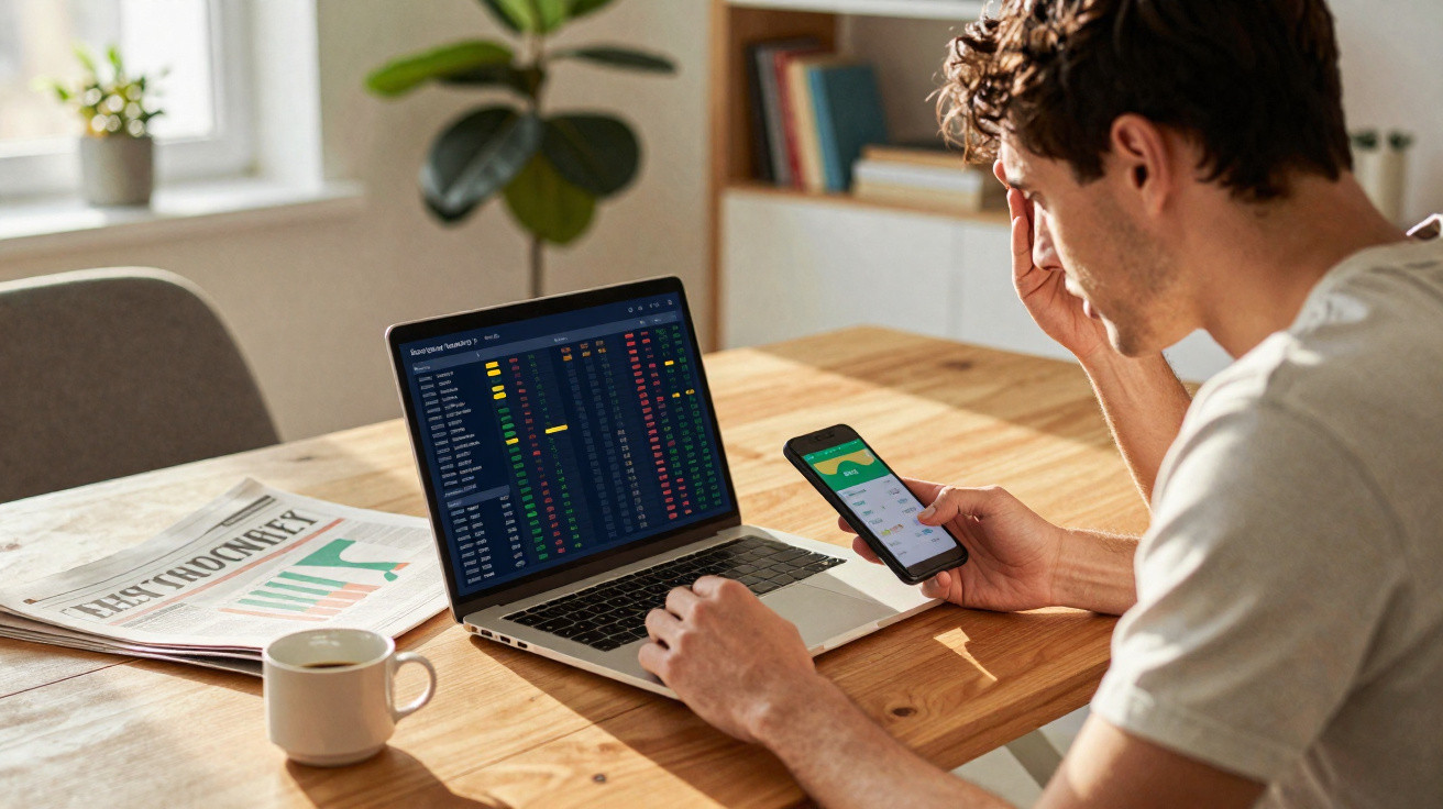 Homem preocupado a analisar dados financeiros no portátil e smartphone numa mesa de madeira.