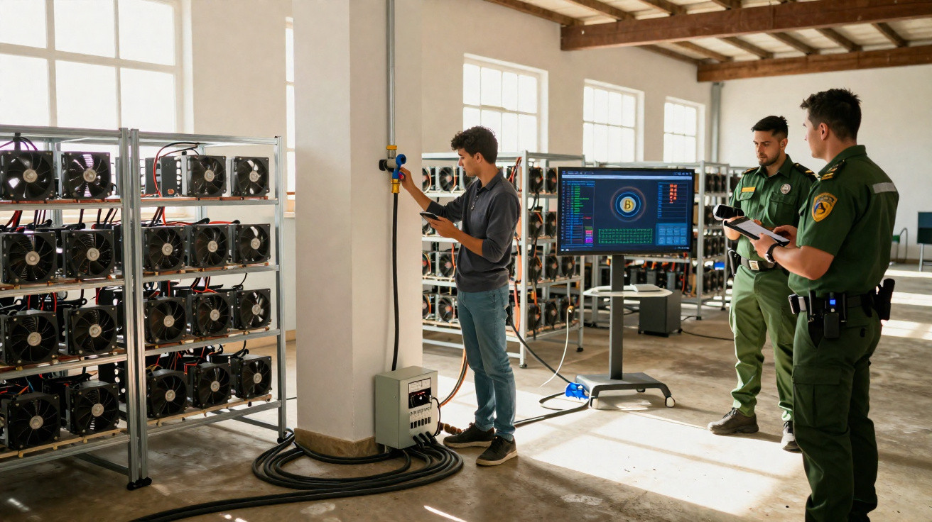 Homem a operar máquina de mineração de criptomoedas vigiado por dois agentes em uniforme verde.