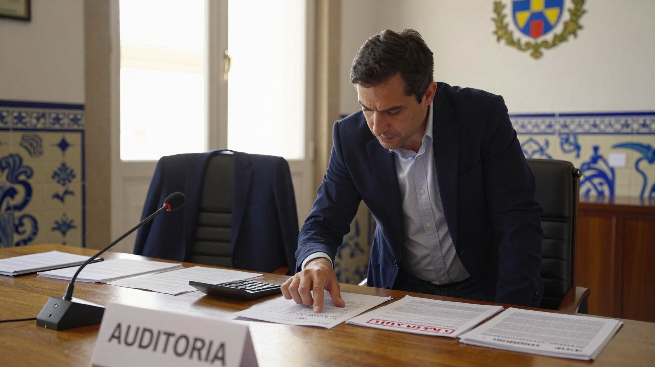 Homem de fato azul a analisar documentos numa sala de reunião com placa "Auditoria" na mesa.