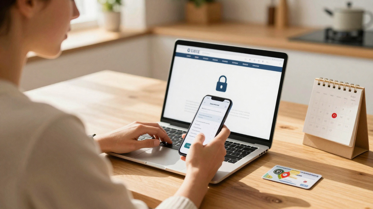 Pessoa a autenticar-se num site com telemóvel e computador portátil, cartão bancário e calendário na mesa.